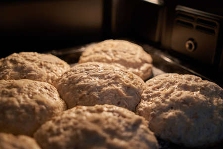 Whole wheat bread already leavened in the oven. selective focus