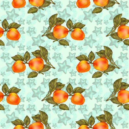 Seamless background with the image of fruit. Gifts of nature in a chaotic arrangement close-up. Theme of summer and healthy food. Illustration for printing on paper or fabric.の写真素材