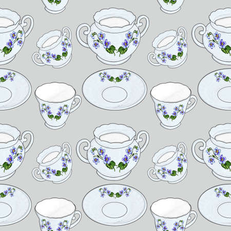 Creative composition with the image of tea utensils. Items from a tea set in a chaotic order, an abstraction. It's time for tea or coffee. Design for printing on paper or fabric. Seamless model.の写真素材