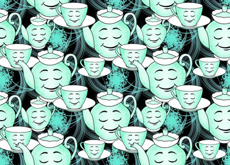 Tea utensils with pronounced facial expressions. Children's pictures, decorative background.の写真素材