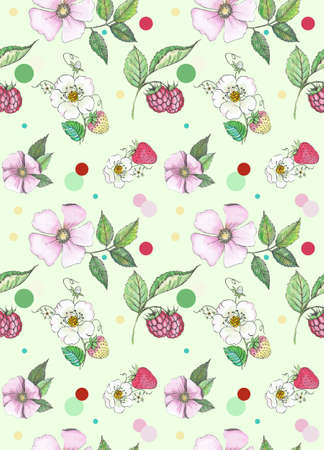 Decorative background with flowers and rosehip leaves, strawberries and raspberries. Material for printing on paper or fabric. Watercolor.の写真素材