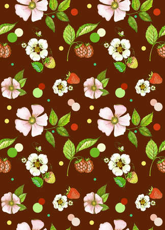 Decorative background with flowers and rosehip leaves, strawberries and raspberries. Material for printing on paper or fabric. Watercolor.の写真素材