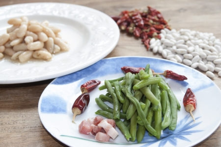 Food and health: vegetables. French beans with baconの写真素材