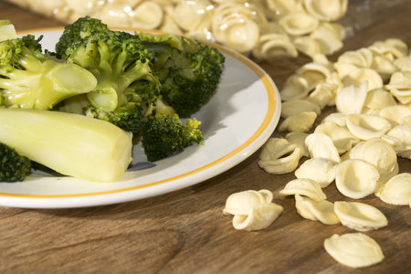 tasty Italian speciality: orecchiette typical pasta of the Apulia with broccoliの写真素材