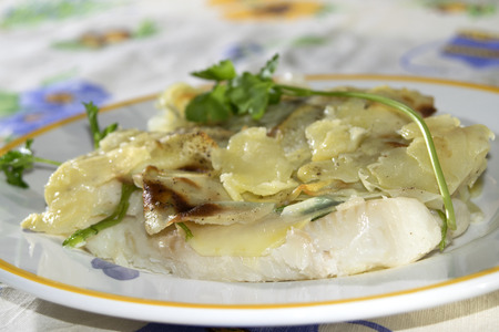 second dish of fish: fillet of plaice in potatoes crustの写真素材