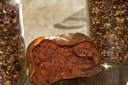 the nduja in Particular and soft spreadable salami made with hot pepper and pork meat in Calabriaの写真素材