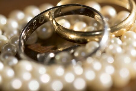 jewellery: beautiful and  old golden rings and pearl necklacesの写真素材