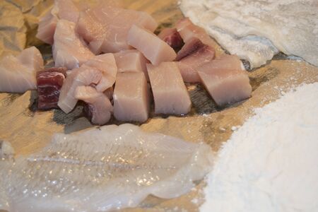 preparation for a frying of fresh fishの写真素材