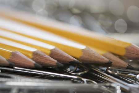 stationery with pencils and metal clipsの写真素材