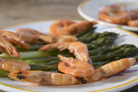 cold salad of asparagus and shrimps  cooked steamedの写真素材