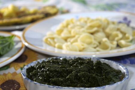 handmade egg orecchiette and fresh genoese pestoの写真素材