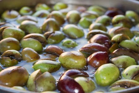 making of green olives in a olive-pressの写真素材