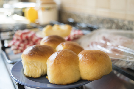 french bread rolls at breakfastの写真素材