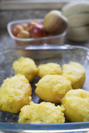 baked potatoes filled with pulp at the cheese creamの写真素材