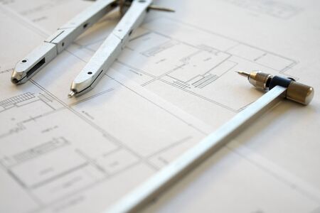 building project and tool professionls on a engeneer tableの写真素材