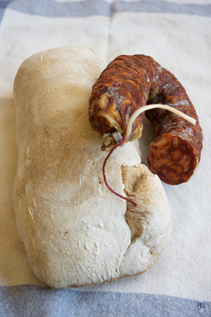 homemade long loaf bread and hot chorizo  sausageの写真素材