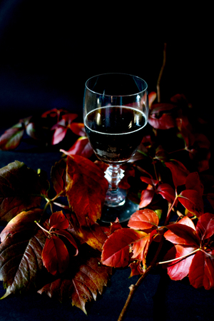 concept of harvest with a balloon glass of red wine and leavesの写真素材