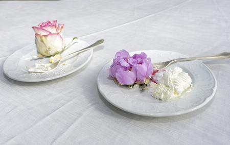 leftovers of a wedding cake in white dishesの写真素材