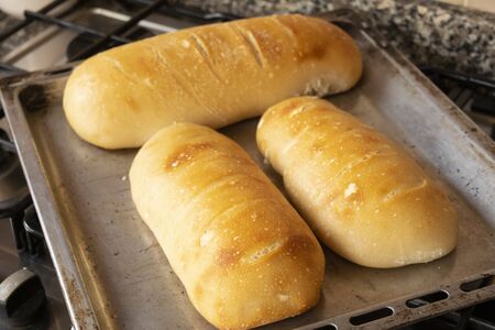 loaf of bread made in the home oven on a metallic tray