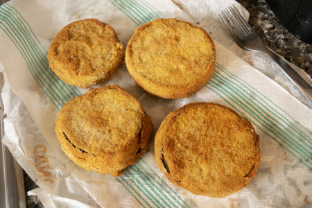 aubergines in carriage in a pan while fryingの写真素材