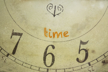 time concept with the face of an old clock and the time writtenの写真素材