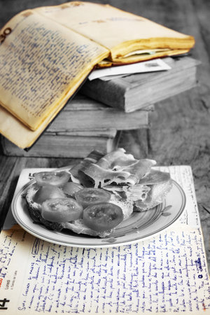 concept of concentration and fast snack while reading and writingの写真素材