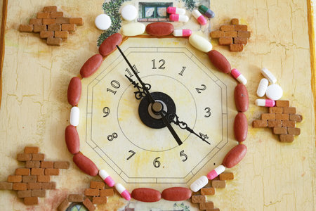 health over time with a clock built with pills
