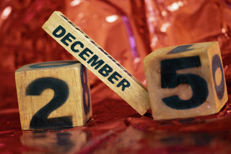 December 25th Christmas celebration composed with wooden cubesの写真素材