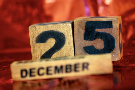 December 25th Christmas celebration composed with wooden cubesの写真素材