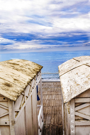 spring break concept with lettering made on a cabin of a beachの写真素材