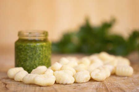 homemade gnocchi and fresh pestoの写真素材
