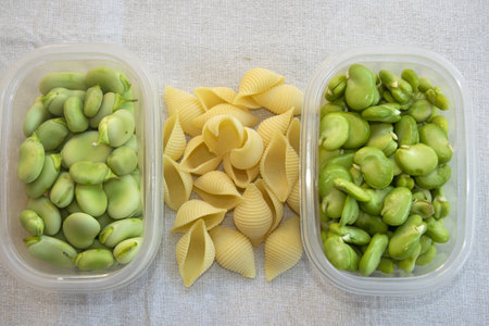 Fresh and peeled broad beans with dry pasta shells on a light cloth, classic spring ingredients of...