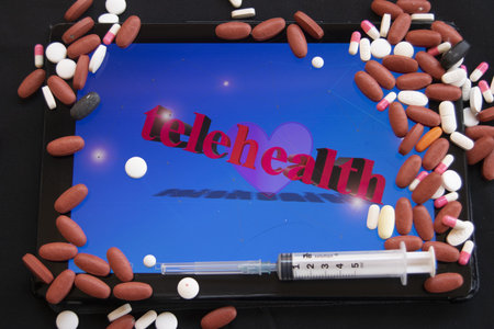 a tablet displaying 'telehealth' text and a heart, framed by various pills, symbolizing remote...