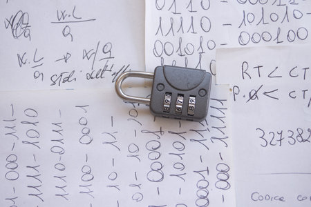 a combination padlock rests on handwritten papers with numbers and code, symbolizing data securityの写真素材