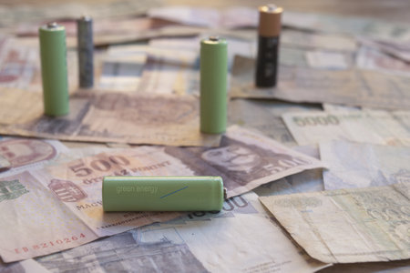 rechargeable battery labeled green energy placed on several international currency banknotes...