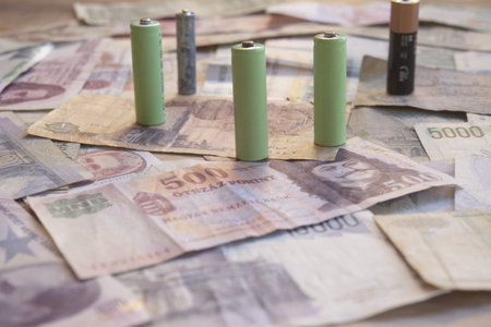 eco concept with rechargeable batteries on various banknotes, representing green energy investment, sustainability and the cost of powerの写真素材