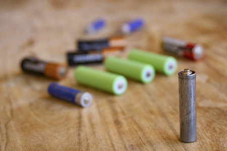 old depleted aa batteries in various colors on wood surface, focused on single battery in foreground, illustrating electronic waste and recycling needsの写真素材
