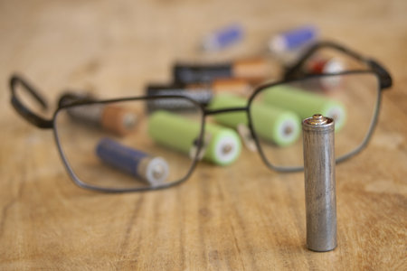 single used aa battery in sharp focus with colorful depleted batteries and reading glasses blurred...