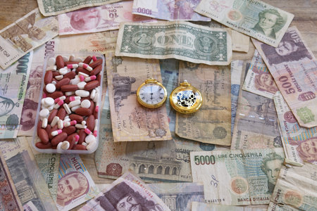 assorted pills and gold pocket watch on various international banknotes symbolizing time, health and...