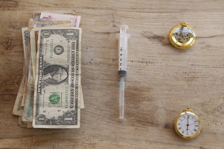 conceptual still life showing time is money theme with assorted currency bills, medical syringe, and golden pocket watches arranged on rustic wooden surfaceの写真素材