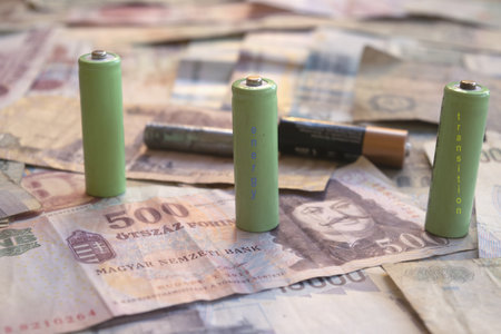 eco-friendly green batteries labeled energy transition placed on old banknotes, representing the shift to renewable energy and the global green economyの写真素材