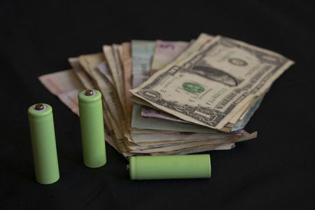 three green rechargeable batteries placed near stack of dollar bills and foreign currency on dark surface symbolizing energy costs and savingsの写真素材