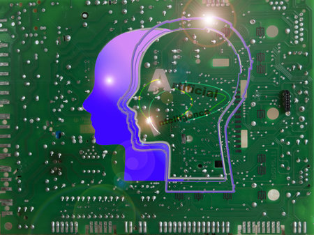 green pcb with artificial intelligence lettering and illuminated human head silhouette representing...