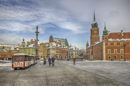 Warsaw, Poland - October 28, 2012: View of Castle Real square and the typical colorful houses in the background. We are in the famous "Stare Maisto", the Old Town district of Warsaw, the Polish capital's tourist attractions.のeditorial素材