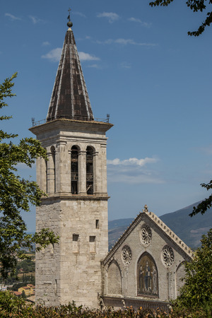 Detail of the 13th-century bell tower and the facade of the Spoleto cathedralの写真素材