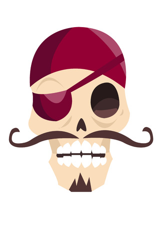 Jolly roger funny cartoon skull isolated on white background. Trendy flat illustration for Talk Like a Pirate Day. Scary awful character for Halloween postcard.のイラスト素材