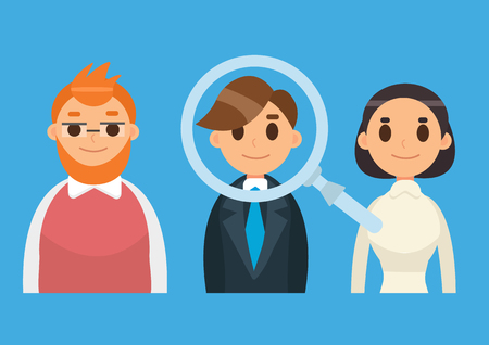 Headhunting and Recruitment illustration with candidate people. Flat icon vector illustration. Magnifying Glass.のイラスト素材