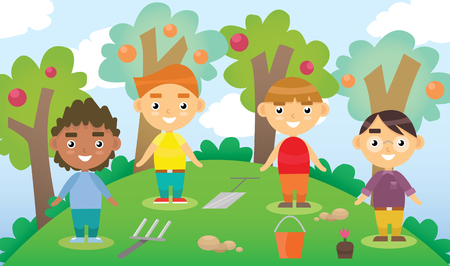 Cartoon vector illustration of four little gardeners with garden tools. Playing in the yard. International friends.のイラスト素材