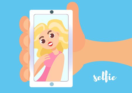 Cute blonde happy girl doing selfie. Flat cartoon vector illustration with letteringの写真素材
