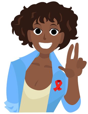 Cheer african girl with red ribbon shows peace. World AIDS Day vector illustration in flat styleのイラスト素材
